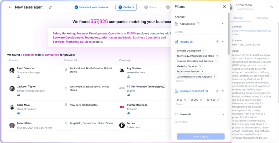 A screenshot of a sales platform interface showing a list of contacts and companies on the left and a filters sidebar on the right. A detailed contact profile for Tricia Maia is also open on the far right.