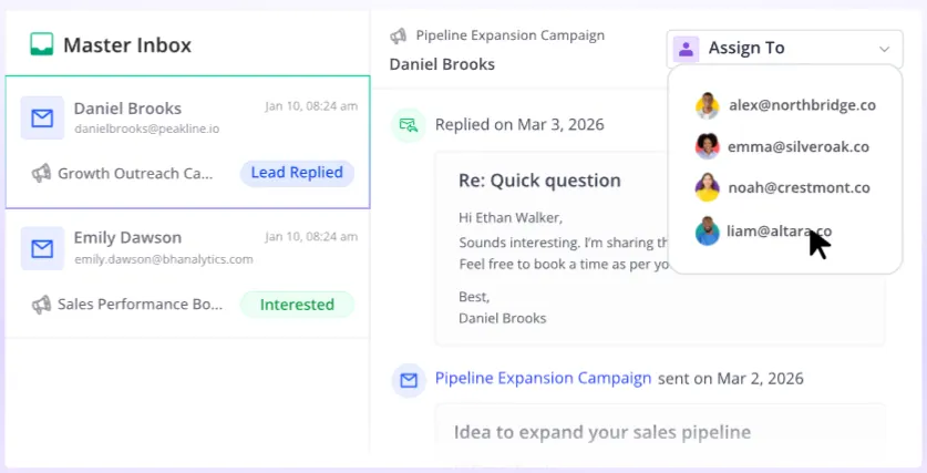 This image displays an email management interface, showing a 'Master Inbox' on the left with a list of emails from 'Daniel Brooks' and 'Emily Dawson'. On the right, the details of an email from 'Daniel Brooks' are shown, alongside an 'Assign To' dropdown menu with options like alex@northbridge.co, emma@silveroak.co, noah@crestmont.co, and liam@altara.co.