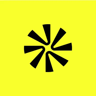 A black abstract logo resembling an asterisk or a stylized flower with eight petals, centered on a bright yellow background. The petals are thick and rounded at their inner ends, creating a soft, almost curved central space.