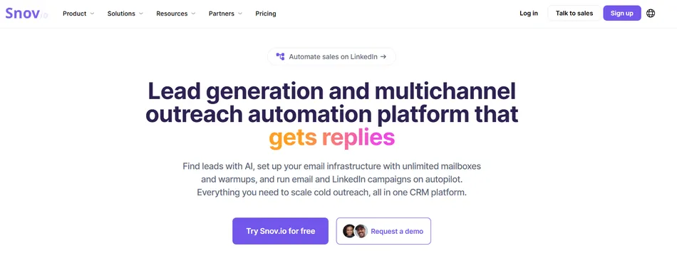 A screenshot of the Snov.io website homepage, featuring the company logo, navigation links for Product, Solutions, Resources, Partners, and Pricing, and calls to action for Log in, Talk to sales, and Sign up. The main headline reads 'Lead generation and multichannel outreach automation platform that gets replies,' with 'gets replies' highlighted in orange and pink. Below the headline is a description of the service and two buttons, 'Try Snov.io for free' and 'Request a demo.'