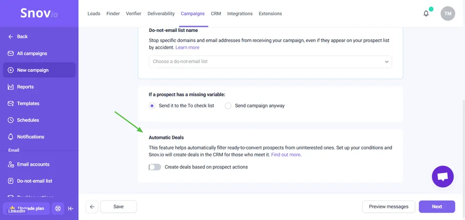 A screenshot of the Snov.io platform displaying campaign settings. The left sidebar shows navigation options including New campaign, Reports, Templates, Schedules, and Notifications. The main content area features sections for 'Do-not-email list name,' 'If a prospect has a missing variable,' and 'Automatic Deals,' which has a toggle for 'Create deals based on prospect actions.'