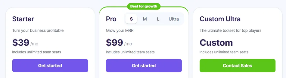 A screenshot displays three pricing plans for a product or service. From left to right, the plans are Starter at $39 per month, Pro at $99 per month with size options, and Custom Ultra which requires contacting sales. All plans include unlimited team seats.