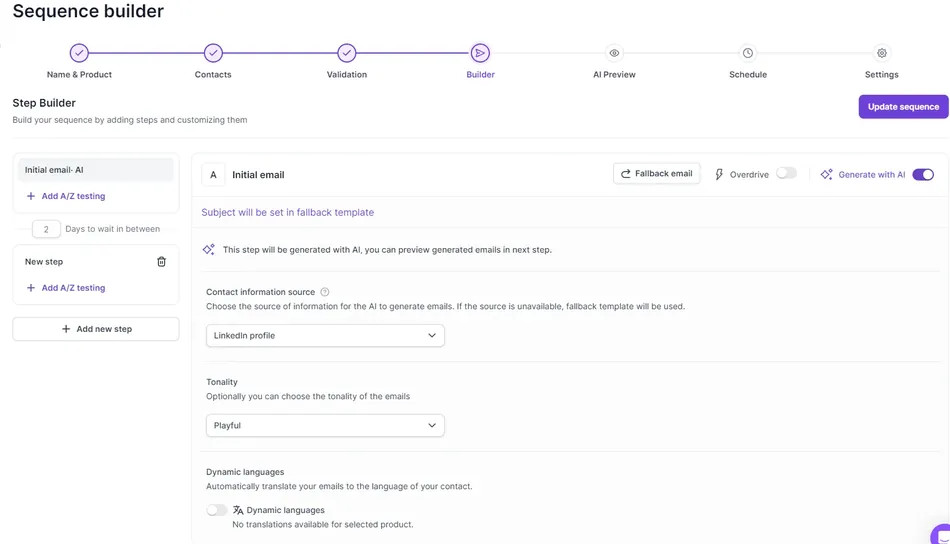 This image displays a 'Sequence builder' interface with a step-by-step progress bar at the top, showing 'Name & Product,' 'Contacts,' 'Validation,' 'Builder,' 'AI Preview,' 'Schedule,' and 'Settings.' The main section is titled 'Step Builder' and shows options for building a sequence including an 'Initial email - AI' step with an A/Z testing option and a '2 Days to wait in between' field. On the right, details for the 'Initial email' are shown, with options for 'Fallback email,' 'Overdrive' toggle, and 'Generate with AI' toggle. Further settings include 'Contact information source' set to 'LinkedIn profile' and 'Tonality' set to 'Playful,' with a toggle for 'Dynamic languages.'