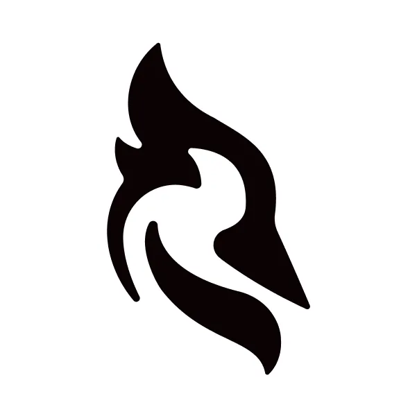 A black abstract design shaped like a flame or a stylized letter 'S', with curved lines and an inner white space creating a swirling effect. The design is set against a plain white background.