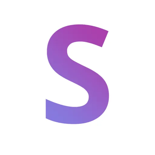 A stylized letter S in a gradient of purple and blue is centered on a white background. The top of the S is a vibrant magenta purple, fading down to a lighter blue-purple at the bottom.