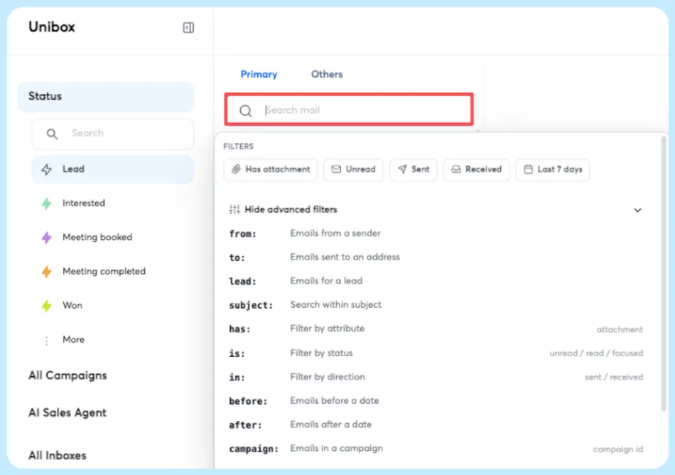 A screenshot of the Unibox email interface with a red box around the 'Search mail' input field. Below the search field are filter options like 'Has attachment,' 'Unread,' 'Sent,' 'Received,' and 'Last 7 days.' Further down is a list of advanced filters for email attributes such as from, to, lead, subject, has, is, in, before, after, and campaign.