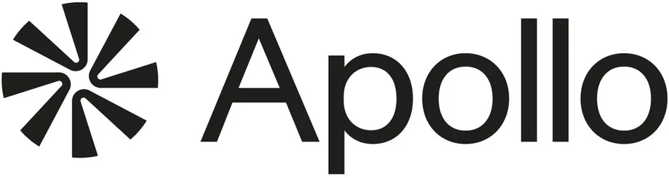 The image displays the black text 'Apollo' with a stylized, star-like graphic to its left. The graphic consists of six curved, thick black bars radiating outwards from a central point, forming a dynamic, propeller-like shape.