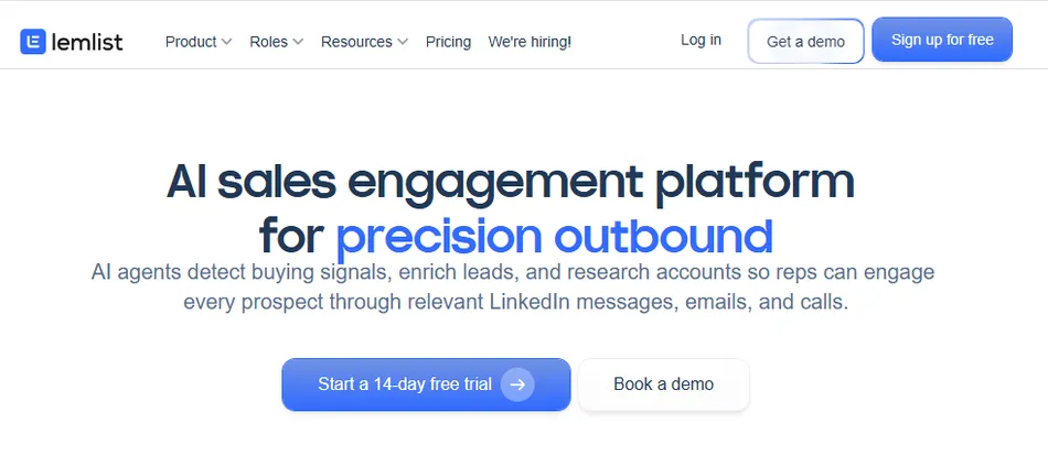 A screenshot of the lemlist website landing page, featuring the headline AI sales engagement platform for precision outbound. The page offers options to start a 14-day free trial or book a demo.