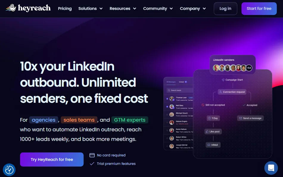 A dark themed webpage for HeyReach, a LinkedIn automation tool, features a large headline 10x your LinkedIn outbound. Unlimited senders, one fixed cost. The page also displays a workflow diagram for LinkedIn outreach and a list of messages.