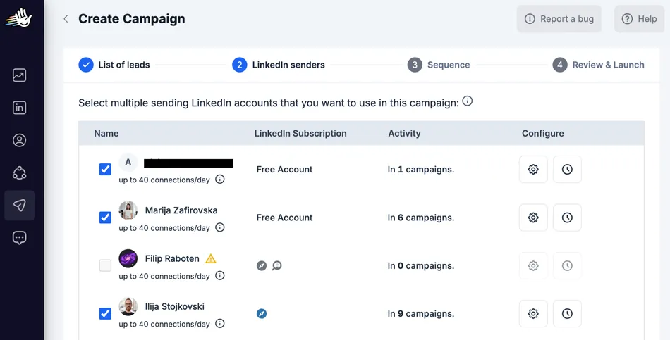 A screenshot of a web application for creating a LinkedIn campaign. The interface shows a step-by-step progress bar with List of Leads, LinkedIn Senders, Sequence, and Review & Launch. The main content area lists multiple LinkedIn accounts with their names, subscription types, activity in campaigns, and configuration options.