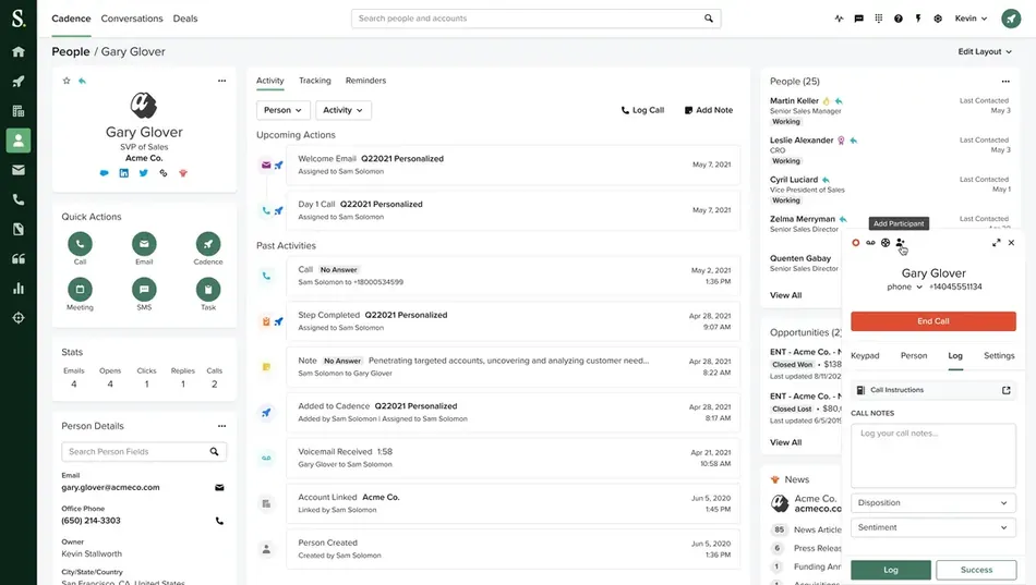 This is a screenshot of a CRM dashboard with a pop-up showing an active call with Gary Glover. The dashboard displays Gary Glover's profile information, quick actions, stats, and a log of past and upcoming activities. The pop-up shows call controls, call notes, and options for disposition and sentiment.