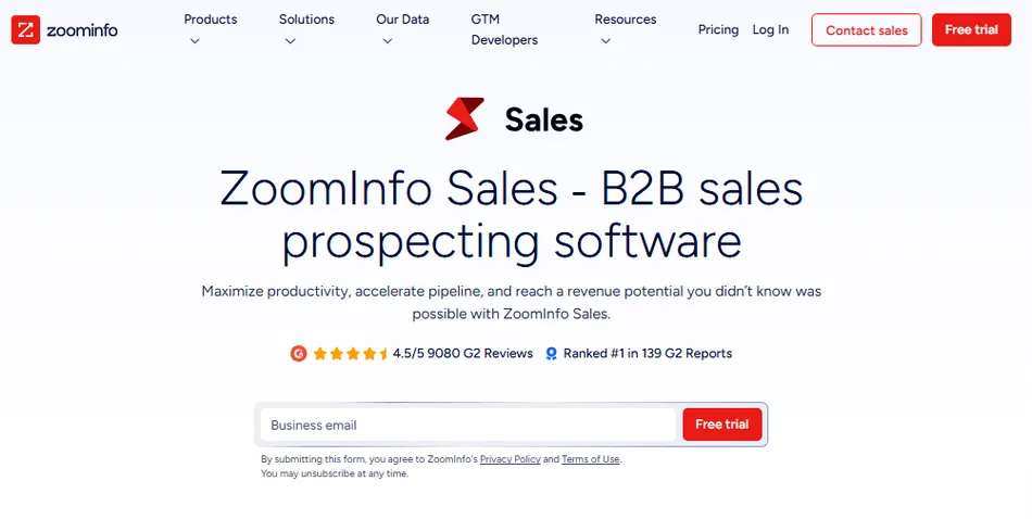 A screenshot of the ZoomInfo Sales homepage, featuring the company logo and navigation bar at the top. The main content area displays 'ZoomInfo Sales - B2B sales prospecting software' in large text, followed by a tagline, user ratings, and an email signup form with a 'Free trial' button.