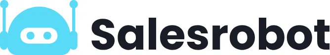 The Salesrobot logo features a light blue stylized robot head on the left, next to the word Salesrobot in a dark gray sans-serif font. The robot head has two antenna-like stalks extending from the top and a horizontal oval for the face with two smaller ovals inside for eyes.