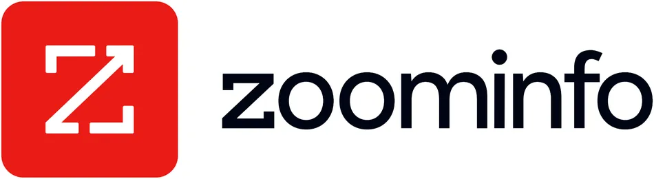 The ZoomInfo logo features a red square with rounded corners on the left. Inside the square, a white stylized 'Z' is formed by two angled lines and two right-angle brackets, designed to evoke a zoom or expansion effect. To the right of the red square, the word 'zoominfo' is written in a dark blue, sans-serif, lowercase font.