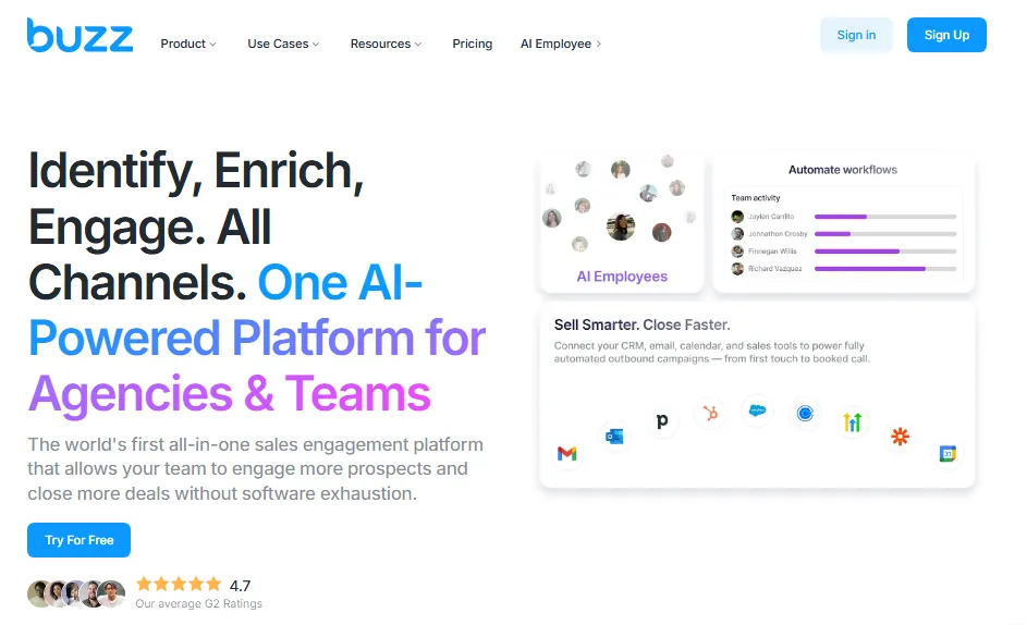 This is a screenshot of the Buzz website, a sales engagement platform. The main headline reads, Identify, Enrich, Engage. All Channels. One AI-Powered Platform for Agencies & Teams. On the right, there are cards showing AI Employees, Team Activity, and a Sell Smarter. Close Faster section with various application icons.