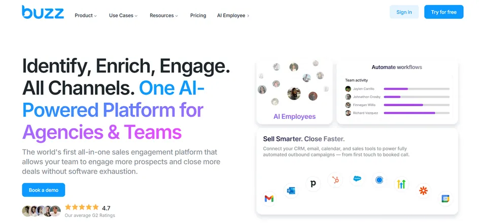 A screenshot of the Buzz website, featuring the headline Identify, Enrich, Engage. All Channels. One AI-Powered Platform for Agencies & Teams. To the right, there are two cards displaying AI Employees and Team activity with progress bars for different team members. Below this, there is a section titled Sell Smarter. Close Faster, showcasing various software integration logos like Gmail, Salesforce, and HubSpot.