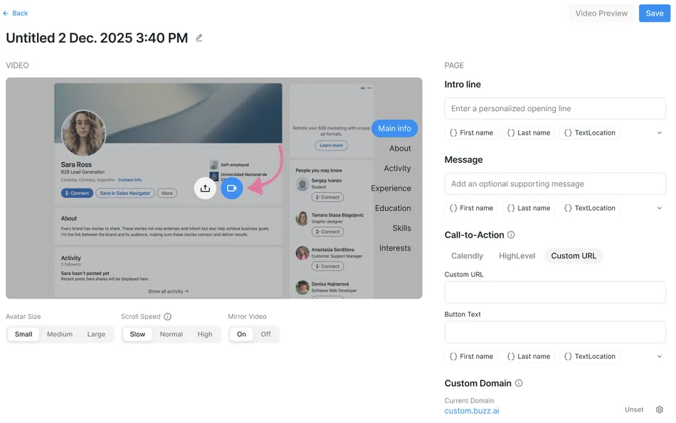 This is a screenshot of a video editor interface for creating a personalized video. On the left, a video preview shows a woman's profile, simulating a social media page, with options for avatar size, scroll speed, and mirror video below. On the right, a form provides fields for an intro line, message, call-to-action details, and custom domain settings.