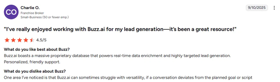 A screenshot of a customer review for Buzz.ai. The review is from Charlie O., a Franchise Broker, dated 9/10/2025, with a 4.5 out of 5 star rating. The reviewer praises Buzz.ai's proprietary database and personalized support, but notes it struggles with versatility in conversations.