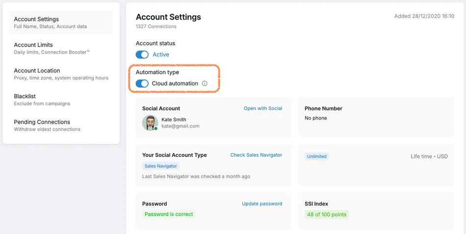 A screenshot of an account settings page with various sections. A section labeled 'Automation type' is highlighted in orange, showing 'Cloud automation' with a toggle switch set to on.