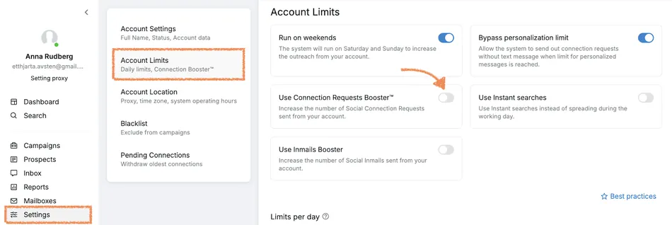 A screenshot displays the settings interface for an online account, focusing on 'Account Limits.' The left sidebar shows 'Settings' selected, and in the main content area, 'Account Limits' is highlighted. On the right, various toggle options are visible, including 'Run on weekends,' 'Bypass personalization limit,' 'Use Connection Requests Booster,' 'Use Instant searches,' and 'Use Inmails Booster.' An orange arrow points from the 'Account Limits' selection to the 'Use Connection Requests Booster' toggle, which is currently off.