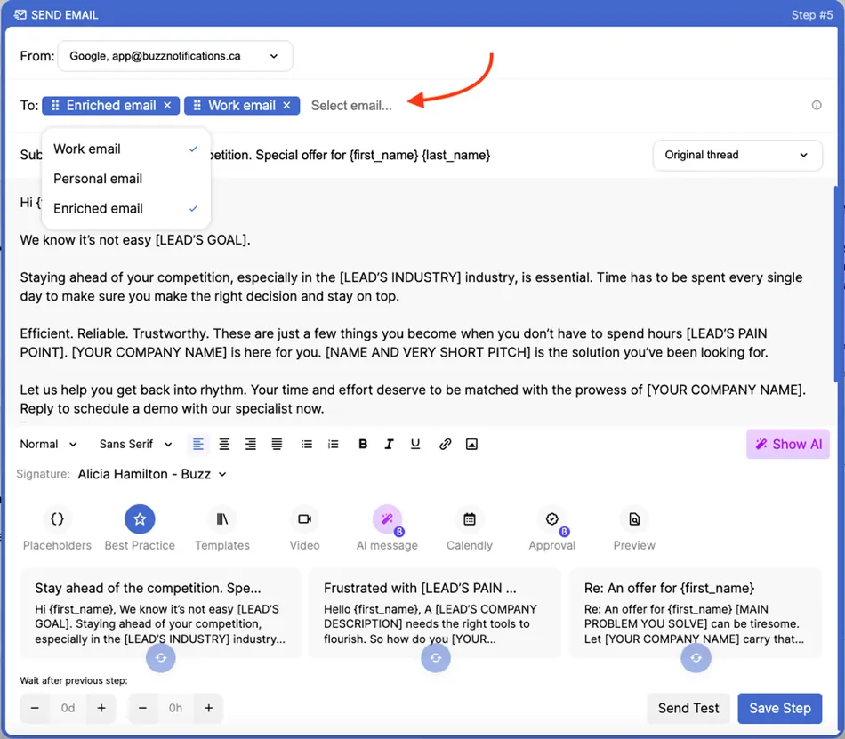 This image shows a 'Send Email' interface with fields for 'From' and 'To' addresses, a subject line, and an email body. The 'To' field displays 'Enriched email' and 'Work email' as selected recipient types, and a dropdown menu is open, showing options for 'Work email', 'Personal email', and 'Enriched email'. Below the email body are options for placeholders, best practices, templates, video, AI message, Calendly, approval, and preview. Three suggested email snippets are visible at the bottom.