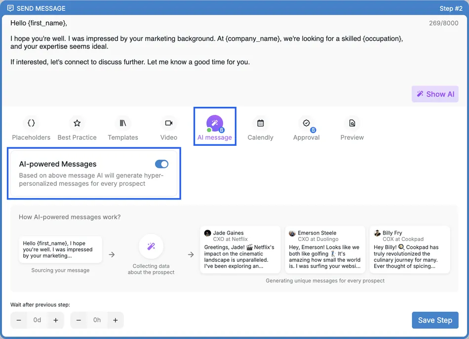 This image shows a user interface for sending messages with an AI-powered message feature. The main section displays a draft message with placeholders like first name, company name, and occupation. Below the message, there are various tools and options, with 'AI message' highlighted, indicating it is currently selected. A toggle switch for 'AI-powered Messages' is turned on, explaining that AI will generate hyper-personalized messages. Further down, there is a visual workflow illustrating how AI-powered messages work, from sourcing the message to collecting prospect data and generating unique messages, with examples for Jade Gaines, Emerson Steele, and Billy Fry.