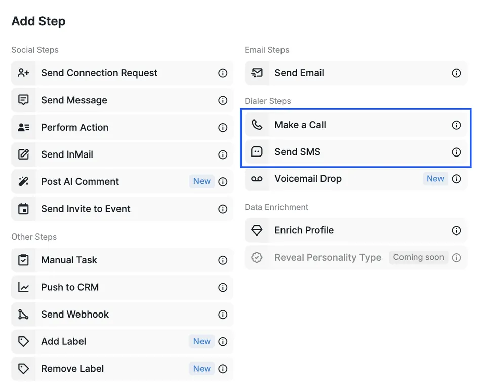 This image displays an 'Add Step' menu, offering various actions categorized under Social Steps, Email Steps, Dialer Steps, Other Steps, and Data Enrichment. 'Make a Call' and 'Send SMS' are highlighted within the 'Dialer Steps' section.