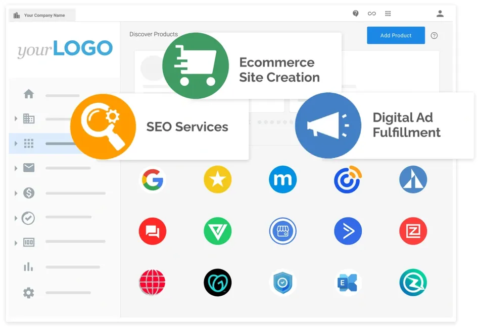 A screenshot of a web application dashboard with a left-hand navigation menu and a main content area. The main content displays three large cards highlighting services: Ecommerce Site Creation with a shopping cart icon, SEO Services with a magnifying glass and gear icon, and Digital Ad Fulfillment with a megaphone icon. Below these cards are a grid of app icons including Google, a star, an 'm', a circular logo, a triangle logo, a chat bubble, a 'V' logo, a storefront logo, a greater than symbol, a 'Z' in a square, a globe, a circular logo with a heart, a shield, an 'E' logo, and a circular 'Z' logo.