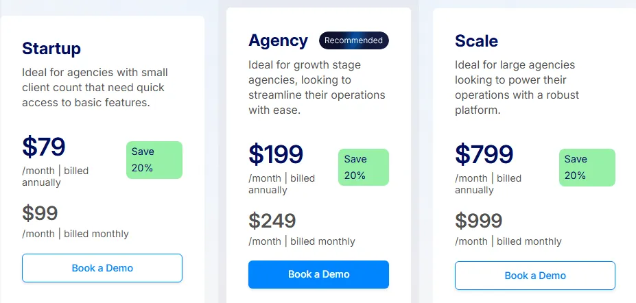 This image displays a comparison of three pricing plans for agencies, titled Startup, Agency, and Scale. Each plan shows an annual price, a monthly price, and a 'Save 20%' discount for annual billing, along with a 'Book a Demo' button. The Agency plan is highlighted as 'Recommended'.