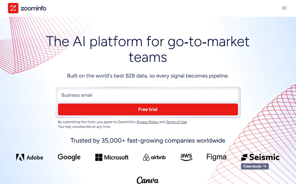 A screenshot of the Zoominfo homepage with a red and white logo in the top left corner, a navigation menu icon in the top right, and the headline 'The AI platform for go-to-market teams.' Below the headline is a field to enter a business email and a red button labeled 'Free trial.' Below the button, it states 'Trusted by 35,000+ fast-growing companies worldwide,' with logos of Adobe, Google, Microsoft, Airbnb, AWS, Figma, and Seismic.
