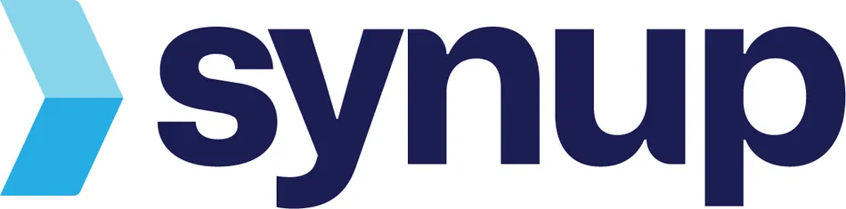 The Synup logo features a light blue and blue chevron shape on the left, followed by the word synup in dark blue, all in lowercase sans-serif font.