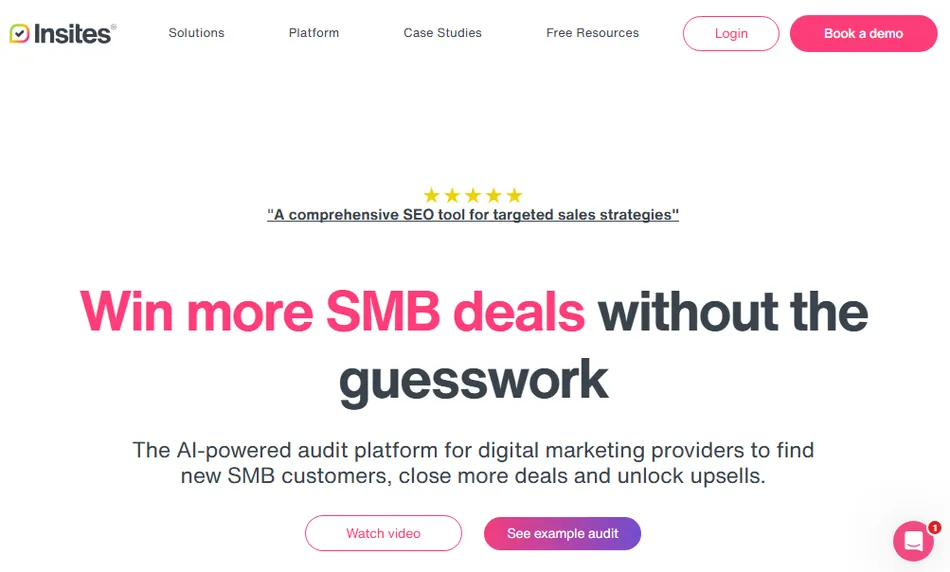 A screenshot of the Insites website homepage features the slogan Win more SMB deals without the guesswork. Below that is a description, The AI-powered audit platform for digital marketing providers to find new SMB customers, close more deals and unlock upsells.