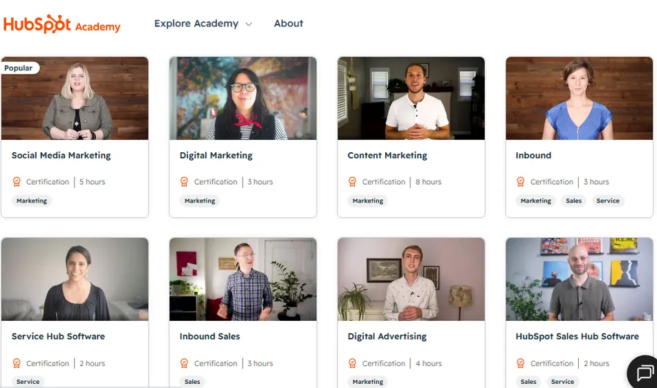 A screenshot of the HubSpot Academy website displaying various certification courses. Each course card includes an image of an instructor, the course title, certification information, hours, and relevant tags like Marketing, Sales, or Service.