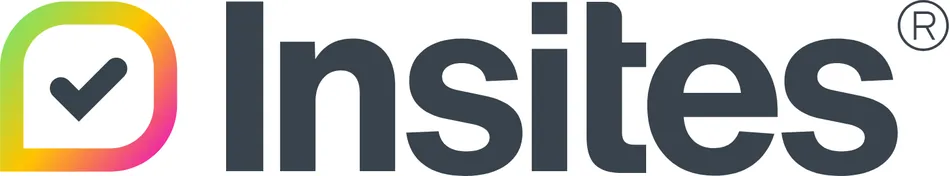 The image shows the Insites logo. To the left is a colorful, gradient checkmark symbol within an abstract shape. To the right, the word 'Insites' is written in dark gray letters with a registered trademark symbol.