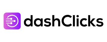 The DashClicks logo features a purple square icon with rounded corners on the left, containing a white line art design of a circle with three horizontal lines and dots emanating from the left towards the circle's center. To the right of the icon, the word dashClicks is written in black sans-serif font, with the 'd' and 'C' capitalized.