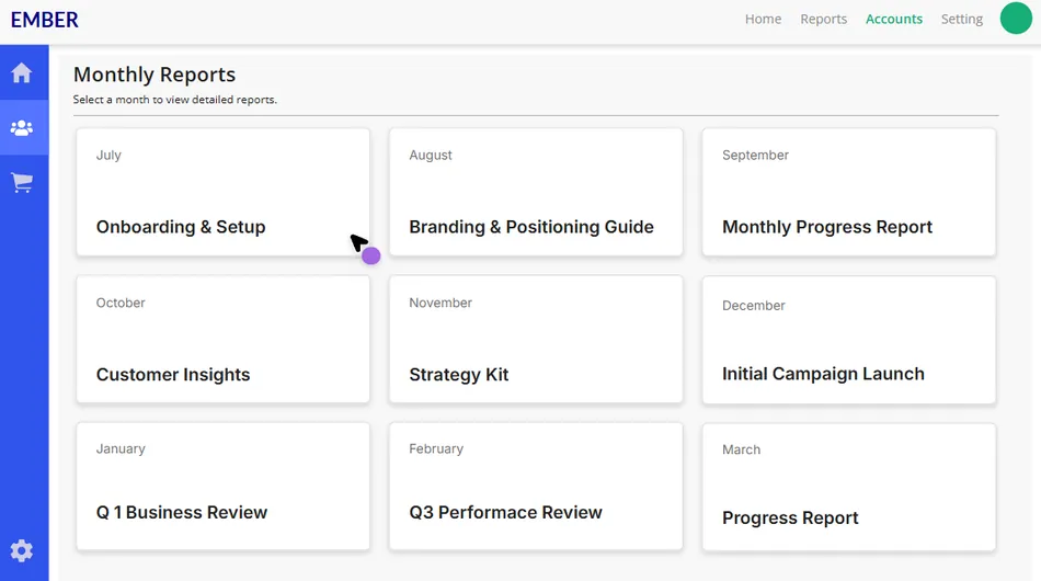 A screenshot of a dashboard displaying monthly reports. There are cards for each month from July to March, with titles like Onboarding & Setup, Branding & Positioning Guide, and Monthly Progress Report.