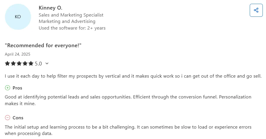 This image shows a software review from Kinney O. It includes a 5-star rating, a positive headline 'Recommended for everyone!', and details about pros and cons of the software.