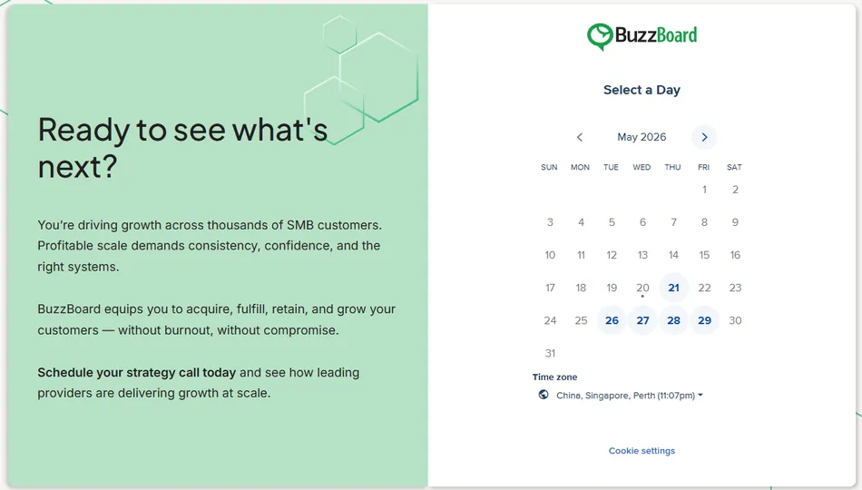 A webpage for BuzzBoard, showing information on the left about driving growth for SMB customers and an interactive calendar on the right to select a day for a strategy call in May 2026, with the 21st, 26th, 27th, 28th, and 29th highlighted as selectable dates. The time zone is set to China, Singapore, Perth.