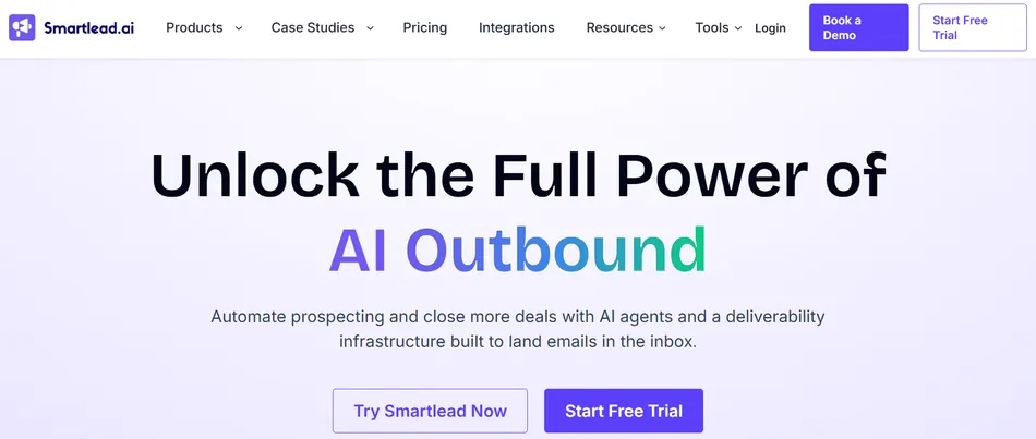 A screenshot of the Smartlead.ai website homepage. The page has a white background with a light purple hue and features the headline, Unlock the Full Power of AI Outbound, along with a supporting description and two call-to-action buttons.