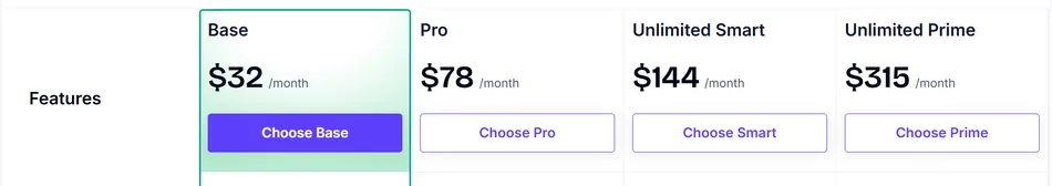 This image displays a pricing table with four different plans. From left to right, the plans are Base at 32 dollars per month, Pro at 78 dollars per month, Unlimited Smart at 144 dollars per month, and Unlimited Prime at 315 dollars per month, each with a corresponding 'Choose' button. The 'Base' plan is highlighted with a green border and a filled purple button.