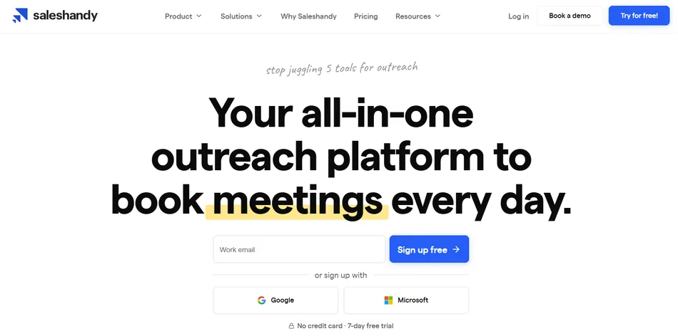 A screenshot of the Saleshandy website's landing page, featuring a bold headline 'Your all-in-one outreach platform to book meetings every day,' with 'book meetings' highlighted in yellow. Below the headline are fields to enter a work email or sign up with Google or Microsoft, along with navigation links at the top.