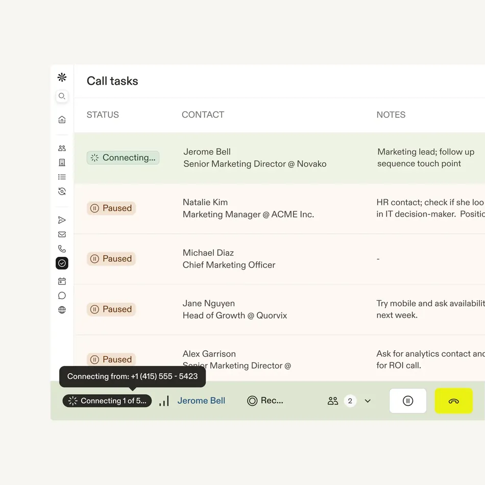 This image shows a dashboard titled Call tasks. It displays a list of contacts with their status, name, title, company, and notes. The first task for Jerome Bell is currently connecting, while others are paused. At the bottom, a bar indicates a call is connecting from a specific phone number.