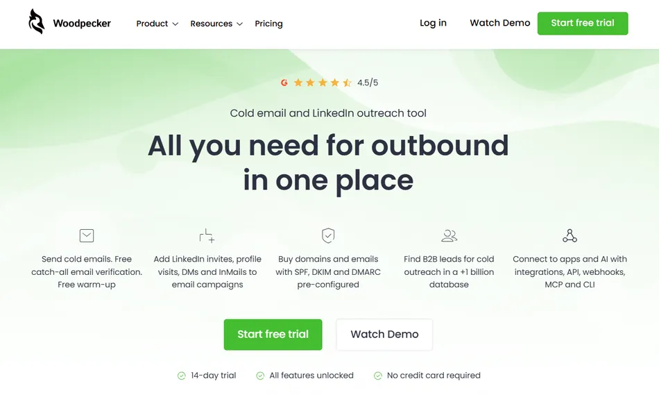 A screenshot of the Woodpecker landing page, a cold email and LinkedIn outreach tool. The page features a headline 'All you need for outbound in one place' and lists several features with icons, including sending cold emails, LinkedIn outreach, buying domains, finding B2B leads, and connecting with apps. There are also 'Start free trial' and 'Watch Demo' buttons.