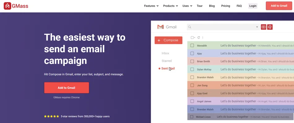 A screenshot of the GMass website, showing a purple background on the left with the text, The easiest way to send an email campaign. On the right, a simulated Gmail interface displays a list of emails with various names and the subject line, Let's do business together.