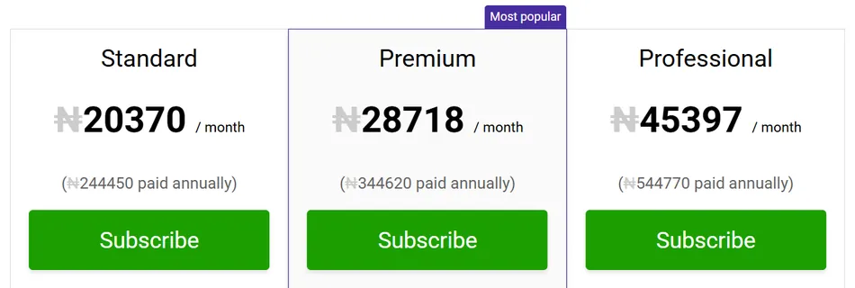 This image displays a pricing table with three subscription plans: Standard, Premium, and Professional. Each plan shows a monthly price and an annual price, along with a subscribe button. The Premium plan is highlighted as 'Most popular'.