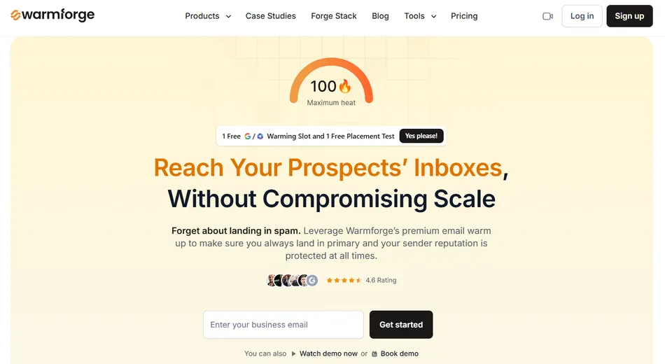 A screenshot of the Warmforge website's landing page, featuring a large headline that reads, Reach Your Prospects' Inboxes, Without Compromising Scale. An email input field and a Get started button are prominently displayed at the bottom of the page.