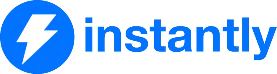 The image displays the word 'instantly' in bold blue lowercase letters to the right of a circular blue logo. The logo contains a white lightning bolt symbol.
