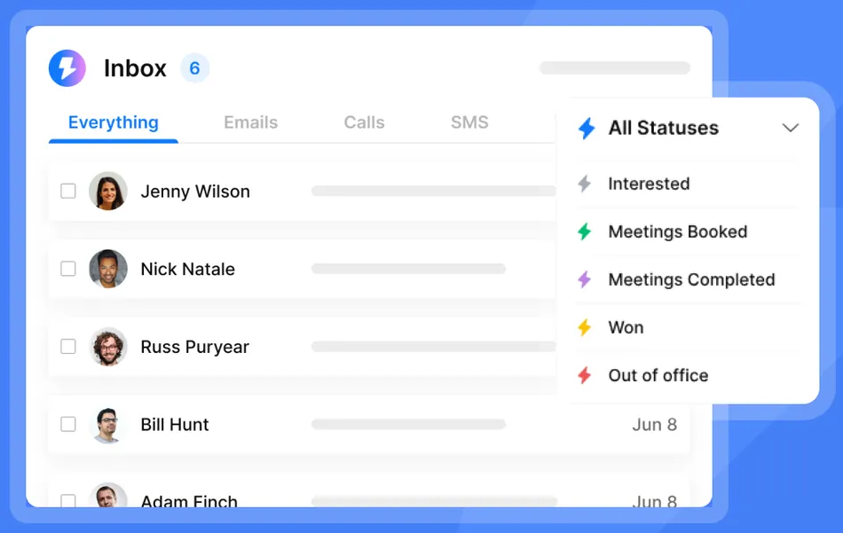 A screenshot of an inbox interface showing a list of contacts with profile pictures and names. A dropdown menu is open on the right, displaying various status options, each with a lightning bolt icon of a different color, such as All Statuses, Interested, Meetings Booked, Meetings Completed, Won, and Out of office.