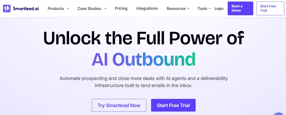 The Smartlead AI homepage features a hero section with the headline 'Unlock the Full Power of AI Outbound', with 'AI Outbound' in a gradient purple to green color. Below the headline, there is a descriptive paragraph and two call-to-action buttons, 'Try Smartlead Now' and 'Start Free Trial'. The navigation bar at the top includes the company logo, product categories, and login options.