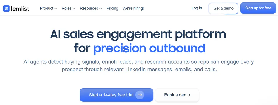 A screenshot of the Lemlist website homepage. The page promotes an AI sales engagement platform for precision outbound sales and offers options to start a 14-day free trial or book a demo.